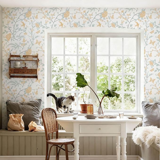 Yellow Wallpaper Floral Peel and Stick Wallpaper Boho Light Blue and Yellow Wall Paper Bird Botanical Contact Paper for Cabinets Renter Friendly Self-Adhesive Bathroom Bedroom 393"×17.3" - Image 8