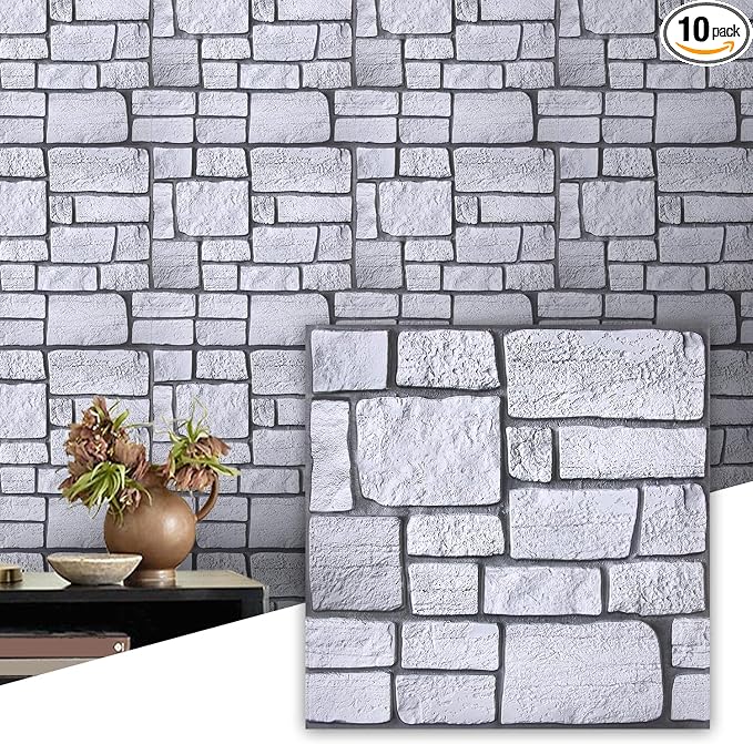 Commomy 3D Faux Stone Wall Panels Peel and Stick 10 Pcs 11.8" x 11.8" | Ultralight Thin PVC Fake Rock Wallpaper DIY Wall Covering Decorative Tiles for Kitchen Backsplash,Bedroom (Covers 9.7 sq.ft) by CommomyDecor