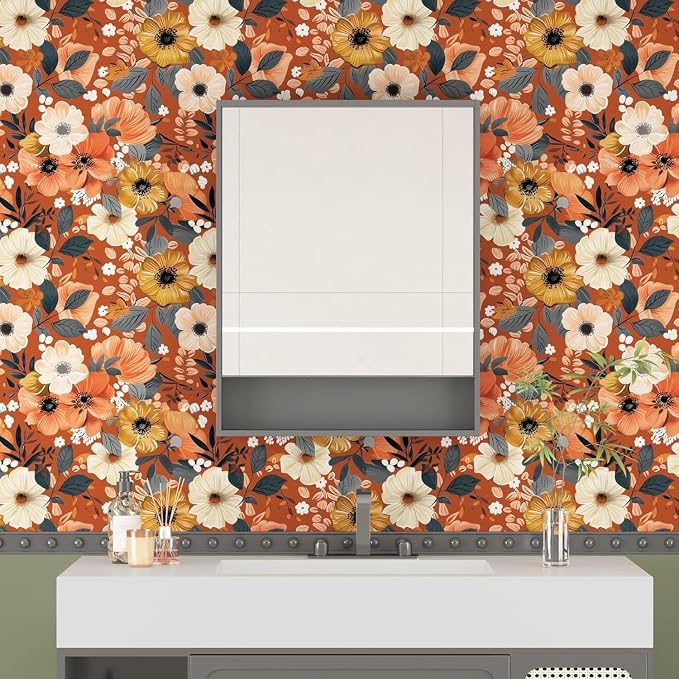 BOKEBEVE Floral Wallpaper Peel and Stick Boho Vintage Orange 17.5 x 393.5In | Extra Long Removable Renter Friendly Vintage Floral Wall Paper for Bedroom Bathroom Cabinet Drawer Feature Accent Wall - Image 4