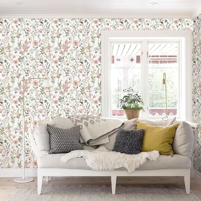Orainege Pink Floral Peel and Stick Wallpaper Self Adhesive Wallpaper | 16.9inx196.8in Modern Wall Paper for Bedroom Bathroom Green Leaf Contact Paper for Cabinets Removable - Image 4