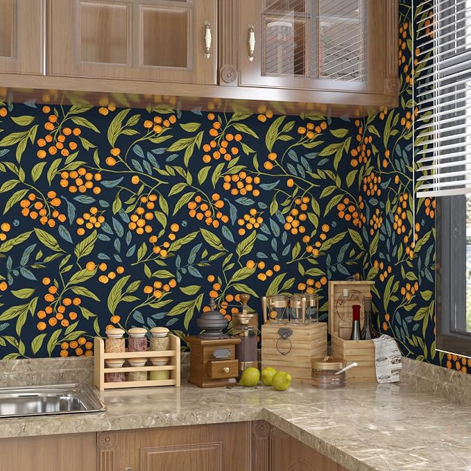 BOKEBEVE Leaf Floral Wallpaper Peel n Stick Boho Blue Orange 17.5 x 393.5In | Extra Long Removable Renter Friendly Vibrant Watercolor Wall Paper for Bedroom Bathroom Living Room Feature Accent Wall - Image 7