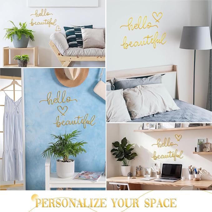 Hicarer Metal Hello Gorgeous Wall Art Minimalist Wall Decor,Gold,Beautiful | for Bedroom Bathroom Living Room Dressing Room Salon Vanity Office Home Decoration, Easy to Install - Image 6