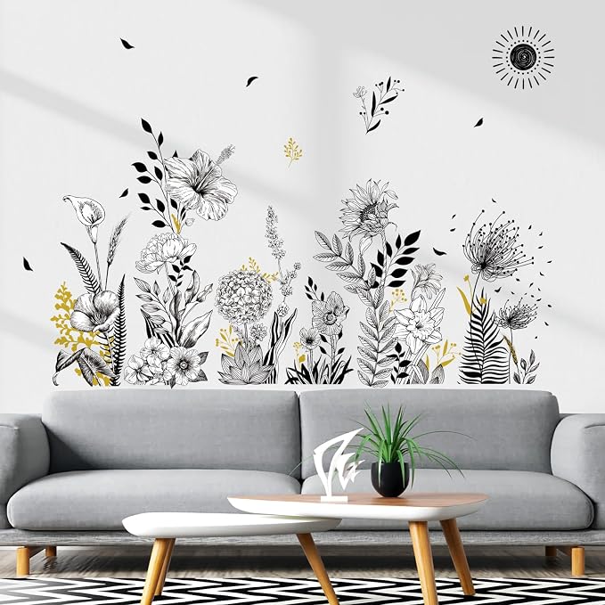 wondever Black White Garden Flower Wall Decals Sunflower Wall Stickers | Peel and Stick, Removable, Wall Art Decals, Wall Decoration, Living Room Bedroom, Office Sofa TV Home Wall Decor - Image 3