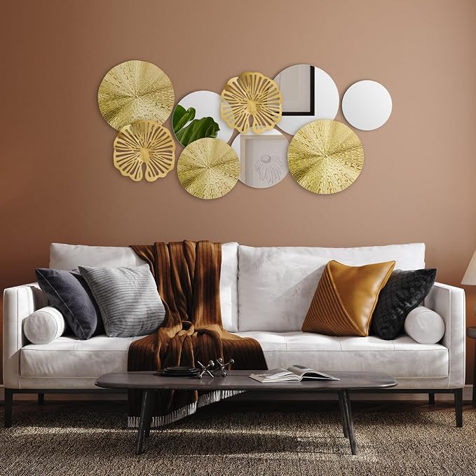 Hicarer 9 Pcs Gold Mirror Wall Decor Round Metal Art Decor Decorative Modern Circle Mirror Wall Art Sculpture Hanging Decorations for Home Living Room Bedroom Office(Gold) - Image 8