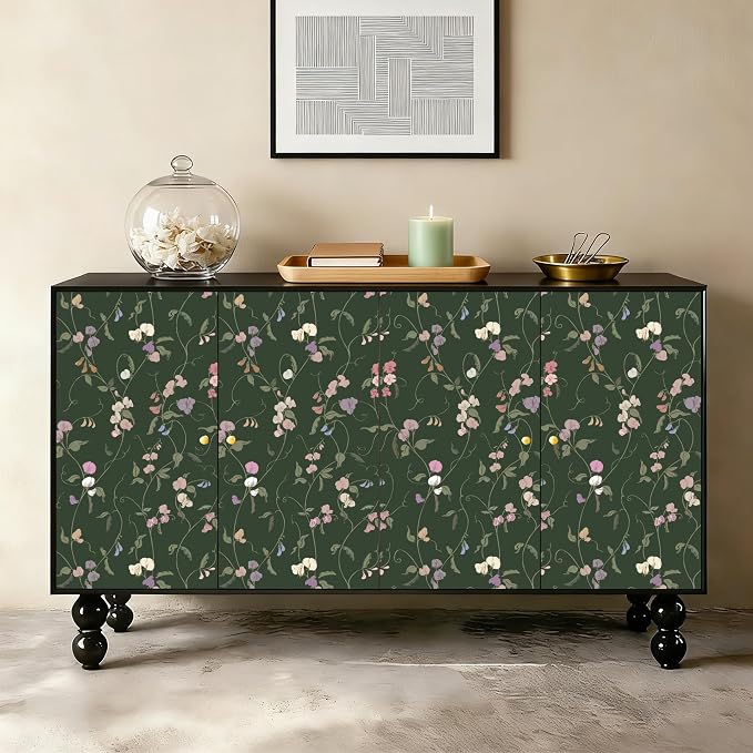 Vintage Wallpaper Peel and Stick Dark Green Floral Wallpaper Leaf Contact Paper Vinyl Waterproof Self Adhesive Boho Botanical Wall Paper for Bedroom Shlef Cabinet Decor 17.3" x 78.7" - Image 9
