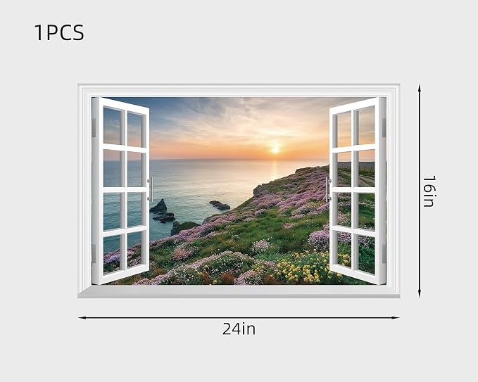 FLFK Fake Window Wall Sticker - Sunset Over the Sea Faux Window Wall Mural for Wall Decor, Stick and Peel Wall Decals,24"x16" - Image 2