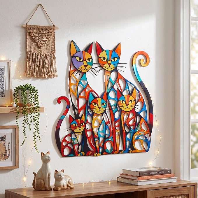 Wesiti Cat Wall Art Iron Sculpture 11.81x11.61 Mid Century Colorful | Graceful Design for Cat Lovers, Vibrant Retro Style, Perfect for Living Room Bedroom Kitchen Office Metal Sculpture - Image 3