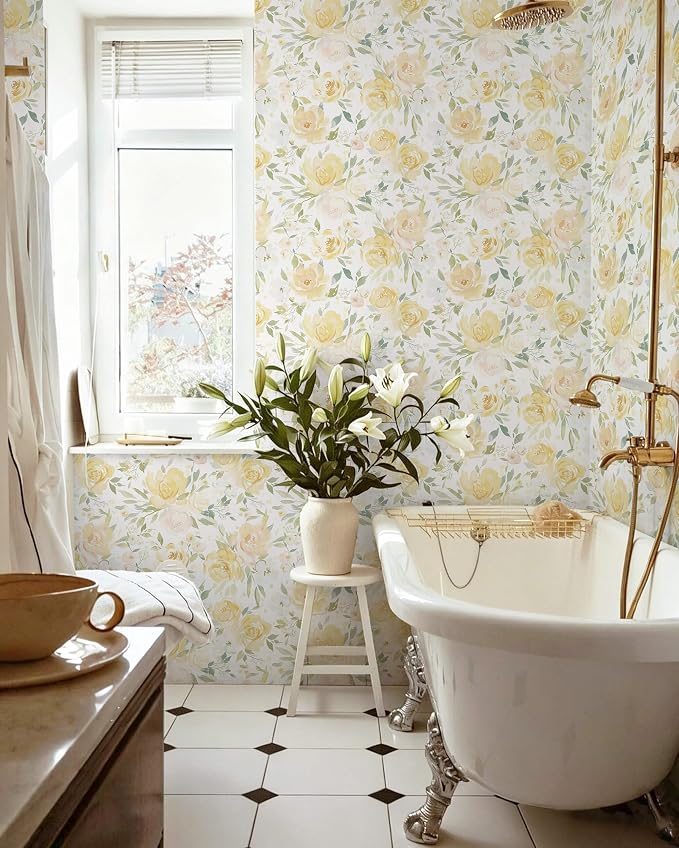 Heroad Peel and Stick Wallpaper Yellow Floral Contact Paper 17.3''x78.7'' Large Flower Wallpaper Watercolor Removable Self-Adhesive Wall Paper for Cabinets Bedroom Bathroom Waterproof Stick on Walls - Image 4
