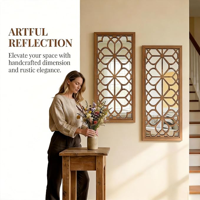 Set of 2 13x30 Inch Large Maroon Shatterproof Carved Floral Wood Frame Wall Mirrors, Boho Farmhouse Rustic Accent Mirrors for Living Room Bedroom Bathroom & Home Decor - Image 6