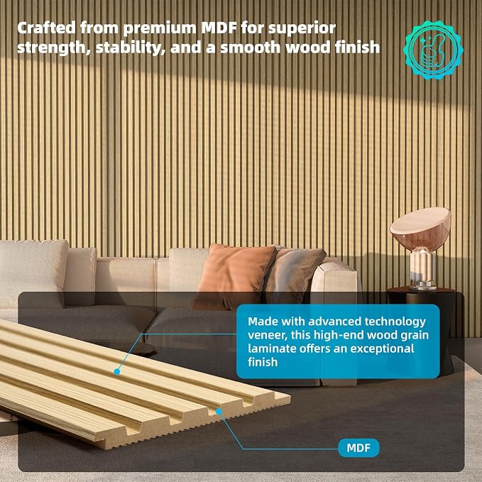 Art3d Wood Slat Wall Panels, Fluted MDF, 6-Pack, 94.6 x 7.4 in,Oak | 3D Textured Panels for Accent Walls, Ideal for Living rooms, Bedrooms, Offices, Entryways and Studios - Image 2