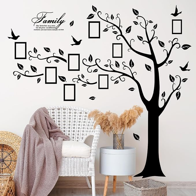 Large Family Photo Tree Wall Sticker 3D Peel and Stick Vinyl Photo Frame Tree Wall Decals Removable Quotes Leaf and Birds Wall Decor for Home Kids Bedroom Living Room Classroom Nursery (Left, Black) - Image 6