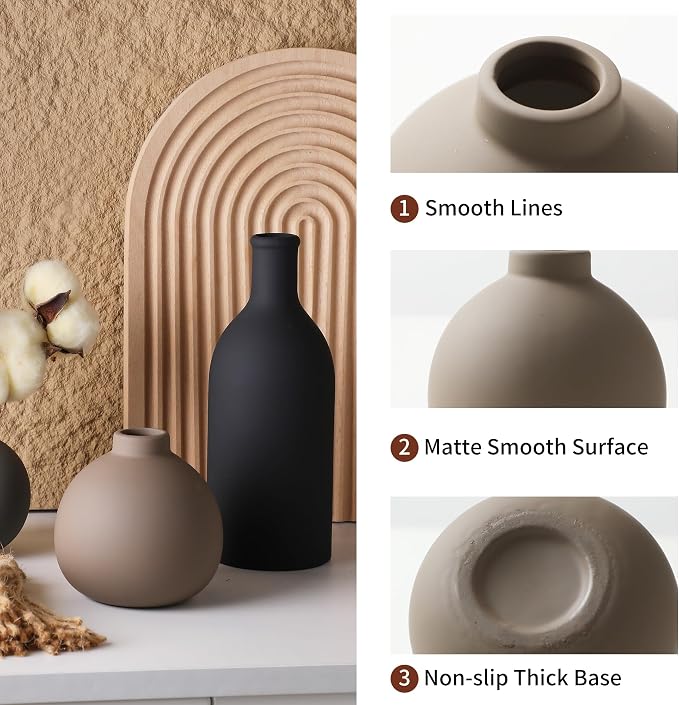 Ceramic Vase Set of 3, Vases Home Decor Rustic Farmhouse Decor Pottery Vases for Bouquet Pampas Grass Dried Fresh Flowers, Living Room, Kitchen, Bedroom, Bathroom, Entryway Mantel, Decor -Multicolor - Image 5