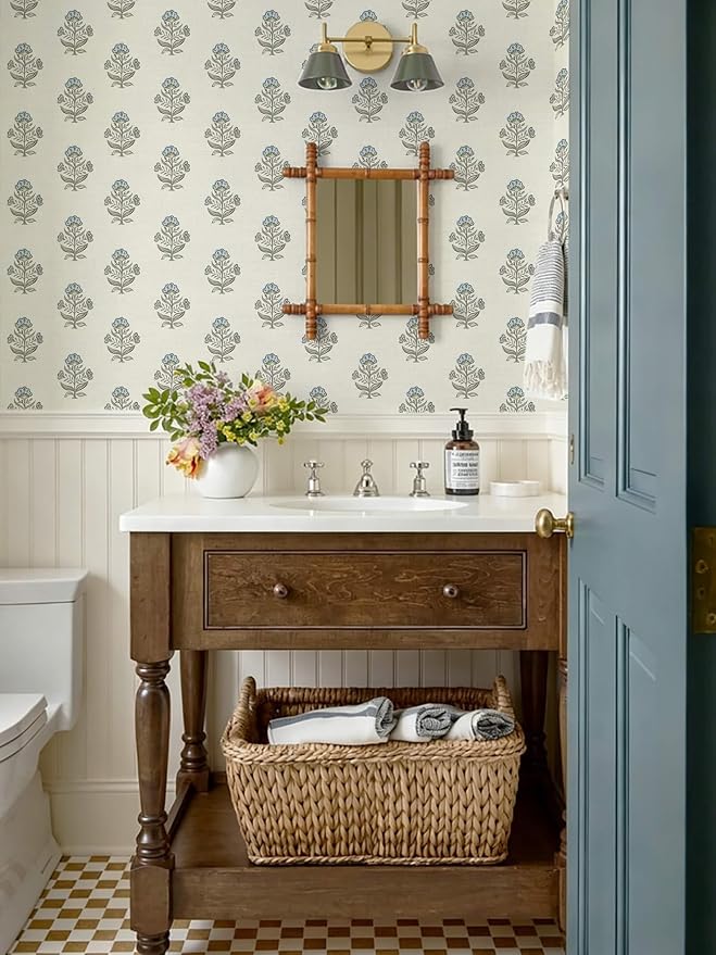 Heroad Blue Floral Wallpaper Cottage Peel and Stick Wallpaper Faux Linen Texture Contact Paper for Cabinets Removable Self-Adhesive Wall Paper for Bedroom Kitchen Renter Friendly Vinyl 17.3''x78.7'' - Image 3