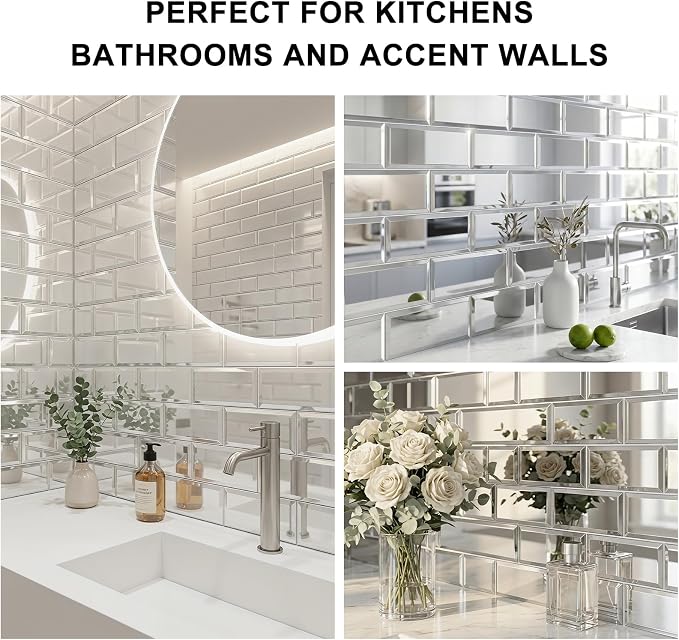 40-Pack Real Glass Mirror Subway Tiles, 3"x6" Beveled Peel and Stick Backsplash for Kitchen, 5mm Heat-Resistant DIY Wall Tiles (Approx 5 Sq. Ft.) - Image 5