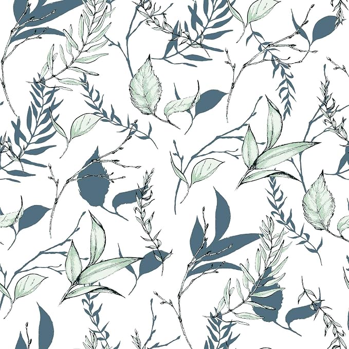 Sage Green and Blue Leaf Peel and Stick Wallpaper 17.7in x 213in | Modern self-adhesive removable self adhesive waterproof wall covering for bathroom and accent walls by Akodm