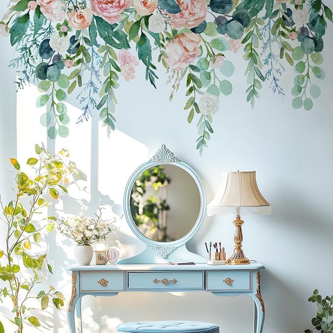 Watercolor Flowers Leaves Wall Decals Peel and Stick, Large Floral Flowers Wall Stickers, Removable Vine Home Decor Art for Bedroom Living Room Classroom Office - Image 8