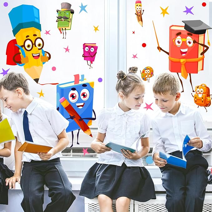 Cartoon Book Window Clings Colorful Double Side Kids Stickers for Classroom | Non-adhesive back to school stickers for glass funny static clings decoration pencil decals for nursery playroom door library - Image 2
