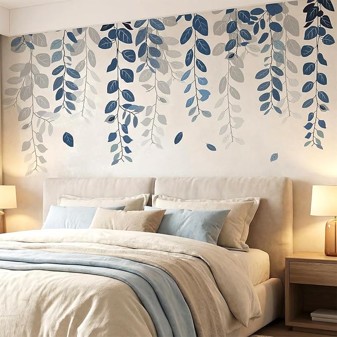 Navy Blue Grey Hanging Eucalyptus Leaves Vine Wall Decals Decor Stickers | Removable vinyl wall sticker for bedroom nursery living room dorm offfice decor, DIY botanical mural, peel and stick wall art - Image 3