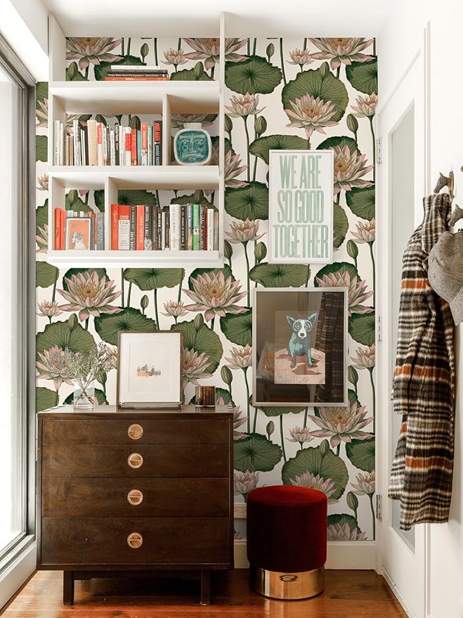 Orainege Floral Wallpaper Peel and Stick Floral Contact Paper Boho | 16.9inx118.1in Lotus Flower Wallpaper Removable Self Adhesive Wall Paper for Bedroom Cabinets Decorative - Image 3