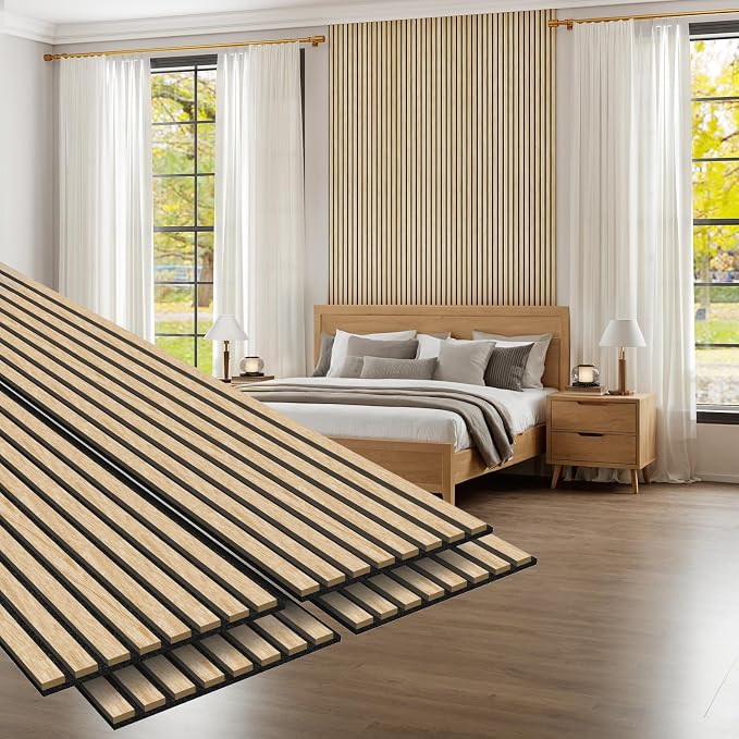 MISSDAY Wood Slat Acoustic Wall Panels, 4 Packs 106.3" x 12.6" Oak Soundproof Panel For Interior Wall Decor Noise Absorbing-3D Textured Wooden Panel Sound-Absorbing for Home, Office, Studio by MISSDAY