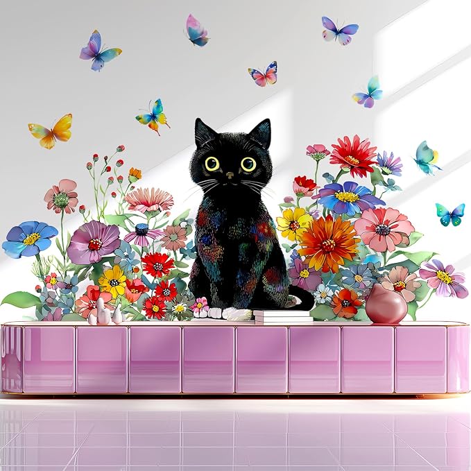Black Cat Floral Flower Butterfly Watercolor Removable Wall Decals Decor | Watercolor wildflower butterflies peel and stick vinyl wall stickers & murals for bedroom living room classroom office - Image 5
