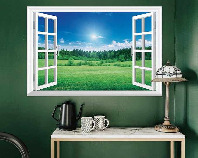 FLFK Fake Window Wall Mural - Grassland Forest Faux Window Wall Sticker for Wall Decor, Peel and Stick Wall Decals,48"x32",Set of 2 Sheets - Image 4