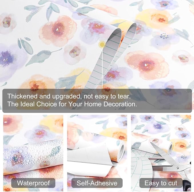 Orange Watercolor Floral Peel and Stick Wallpaper, 17.3" x 118" Soft Pastel Flower Removable Vinyl Wallpaper, Waterproof Self-Adhesive Vintage Floral Contact Paper for Nursery Bedroom Cabinets - Image 3