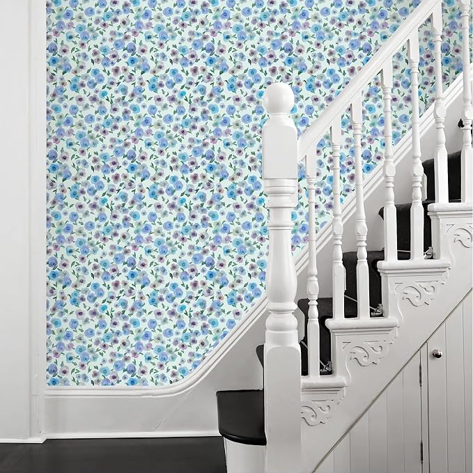 Blue Purple Watercolor Floral Peel and Stick Wallpaper, 17.3" x 472" Soft Pastel Flower Removable Vinyl Wallpaper, Waterproof Self-Adhesive Vintage Floral Contact Paper for Nursery Bedroom Cabinets - Image 6