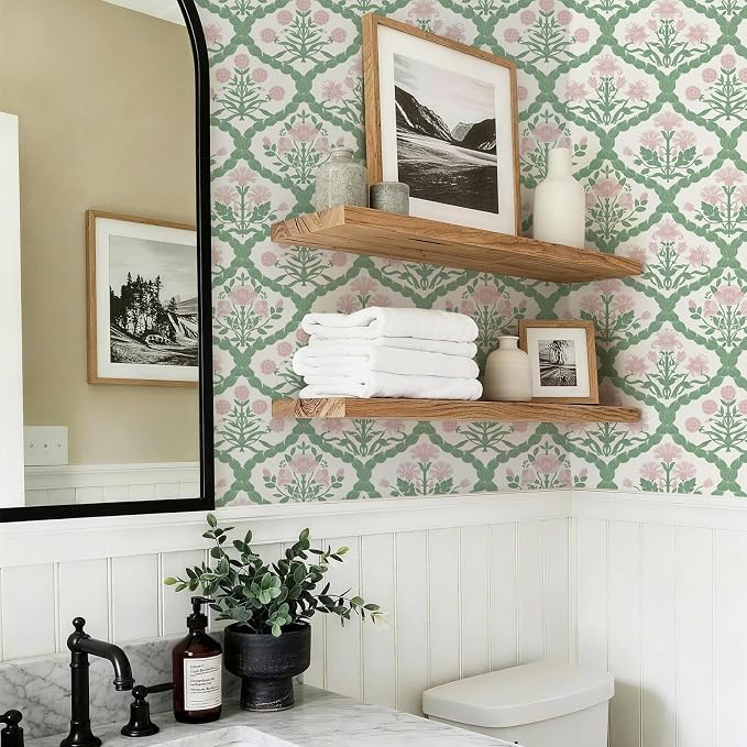 17.3" x 393.7" Floral Wallpaper Peel and Stick, Rattan Weaving Pink Wallpaper Farmhouse Wall Paper Morris Style Removable Self Adhesive Bathroom Bedroom Thicken - Image 6
