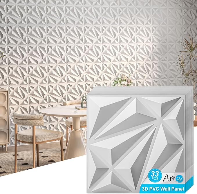 Art3d Diamond Textured 3D Wall Panels, 11.8 x 11.8 in, 33-Pack, White | PVC, Decorative, Stain Proof, Wipeable, Trimmable, Ideal for Living Room, Bedroom, Office and TV Background Walls by Art3d