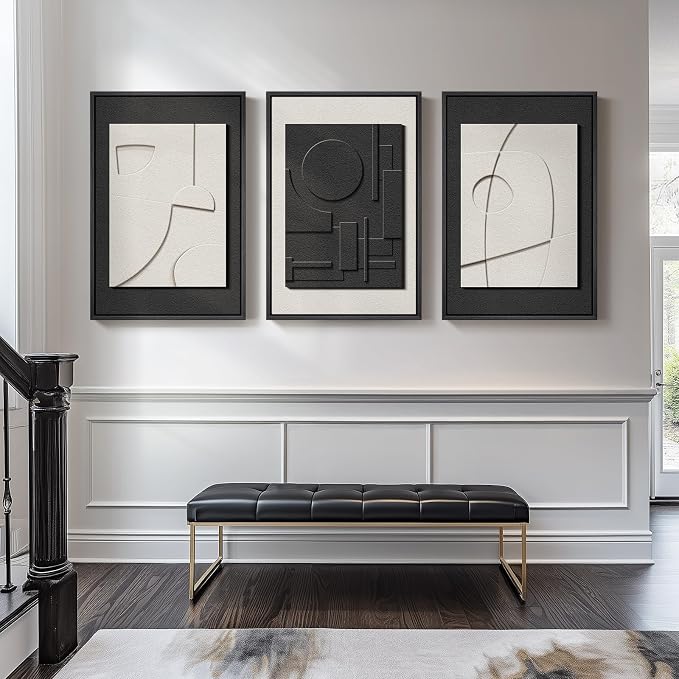 Large Framed Black and White Modern 3D Abstract Wall Art for Living Room | Solid wood frame, Textured paintings, 3 piece 24x36 big size artwork, Minimalist pictures wall decor for bedroom or office - Image 4
