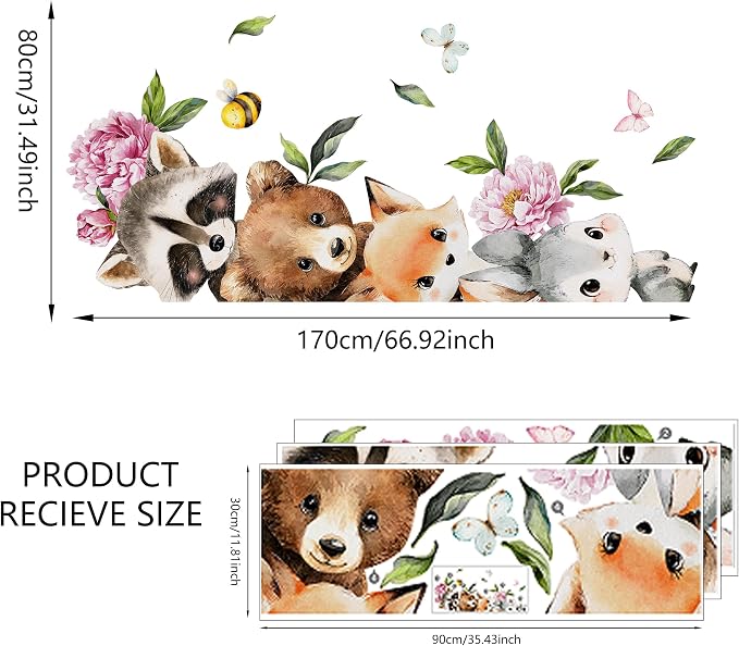 Woodland Animal Peeking Wall Decals, Removable Nursery Jungle Animals Butterflies, Flowers Wall Stickers for Kids, Boys and Girls Room, Bedroom & Toddler Room Door Decor (Animal Door Decals 61) - Image 3