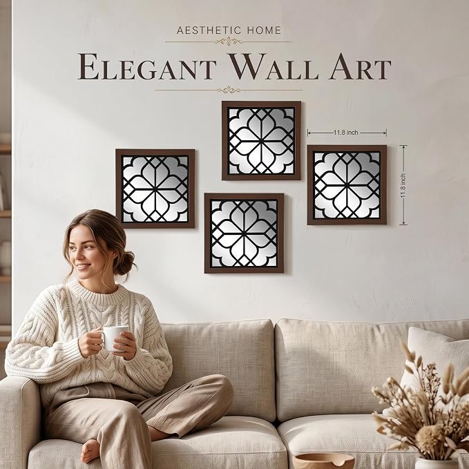 ZEXUIRU 4 Set Rustic Wall Mirrors for Bedroom Bathroom Living Room Entryway Wood Farmhouse Square Easy to Hang Framed Decorative Accent Hanging Wall-Mounted Mirror Set for Living Room -Walnut - Image 2