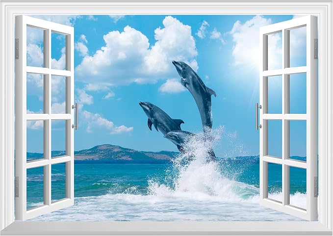 FLFK Fake Window Wall Mural - Ocean Dolphins Faux Window Wall Sticker for Wall Decor, Stick and Peel Wall Decals,48"x32",Set of 2 Sheets by FLFK