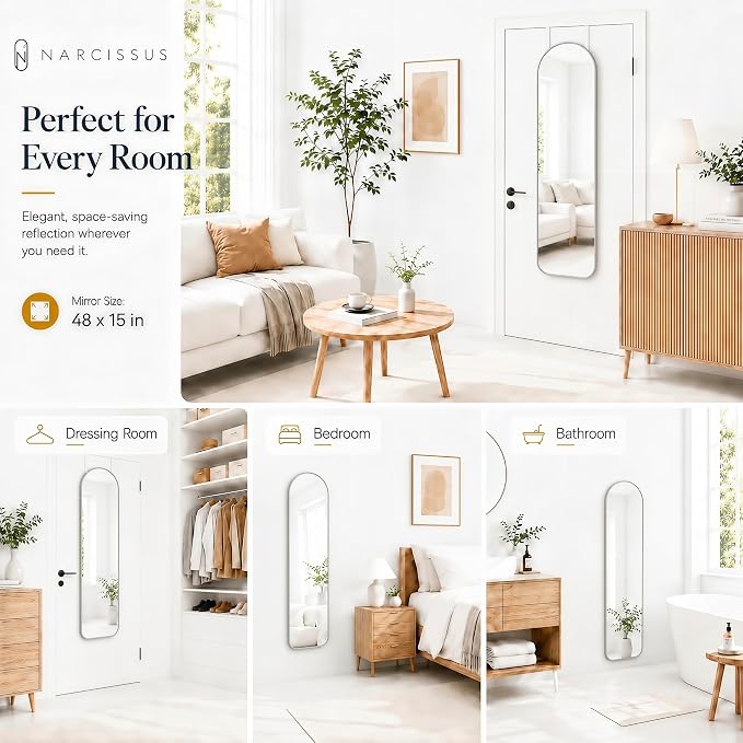NARCISSUS Over the Door Full Length Mirror 47x14 Inch, Wall Mounted Dressing Mirror, Door Hanging Full Body Mirror HD Reflection Glass for Bedroom, Aluminum Alloy Frame Silver - Image 4