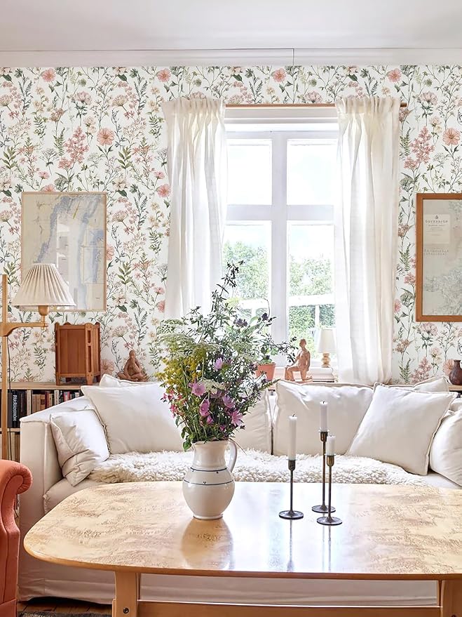 Orainege Pink Floral Peel and Stick Wallpaper Self Adhesive Wallpaper | 16.9inx196.8in Modern Wall Paper for Bedroom Bathroom Green Leaf Contact Paper for Cabinets Removable - Image 3