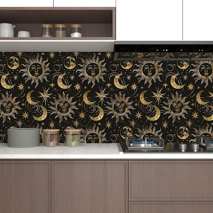 Laatse Celestial Sun Moon Wallpaper Peel and Stick 17.5"x 393",Black/Golden | Self Adhesive/Removable/Waterproof/Thick Vinyl Contact Paper for Bathroom Bedroom Shelf Cabinet Drawer,Prepasted,Easy Peel - Image 3