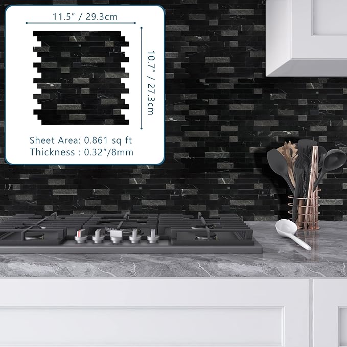 SUNWINGS 5-Sheet Peel and Stick Mosaic Natural 3D Stone Self Adhesive Marble Tiles, 11.5" x 10.7" Stick on Backsplash for Kitchen Bathroom Fireplace Vanity, Mixed Black - Image 2