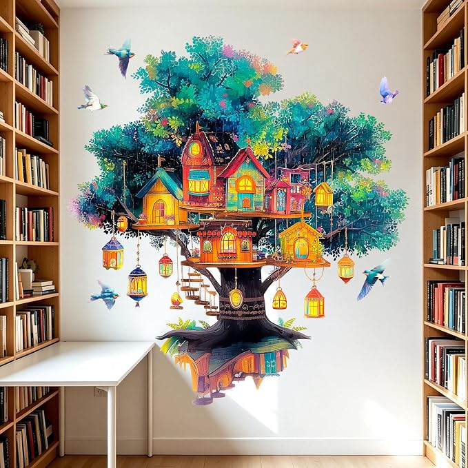 Magical Tree House Village Wall Decals Lanterns Birds Kids Nursery Decor | Peel and Stick Branches Wall Stickers & Murals, Removable Vinyl Home Decor Art for Bedroom Living Room Classroom Office by VePret