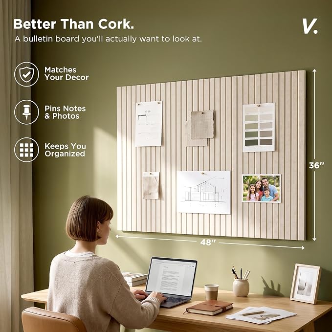VIVELDA Large Felt Bulletin Board 48 x 36 Inch - 12-Pack Square Acoustic Wall Panels, Cork Board Alternative, NRC 0.95, Damage-Free Adhesive, Slatted Design for Home, Classroom (Limestone) - Image 2