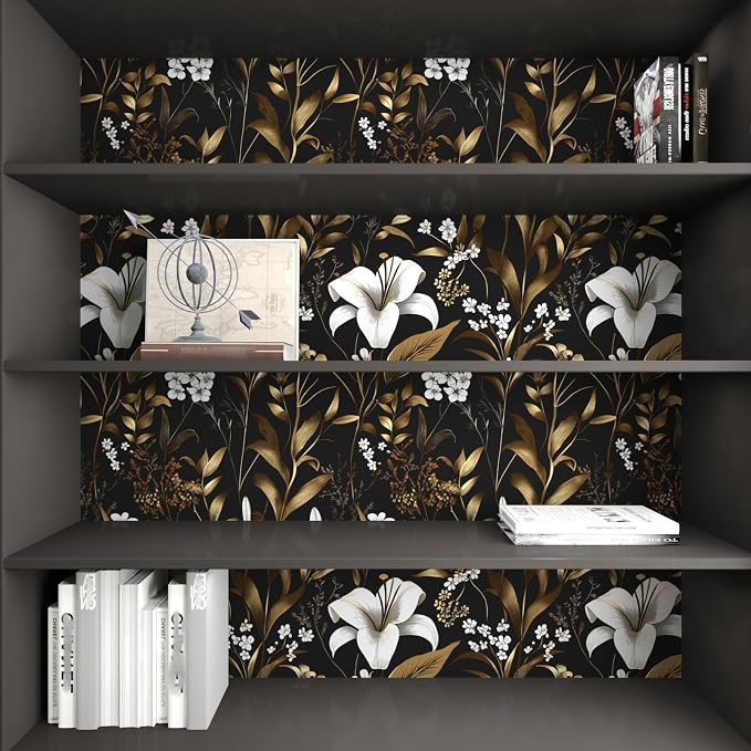 Laatse Vintage Dark Black Golden Floral Peel and Stick Wallpaper 17.5"x787" | Self Adhesive/Removable/Waterproof/Thick Vinyl Extra Long Contact Paper for Bathroom Bedroom Shelf Cabinet Drawer,Prepasted - Image 6