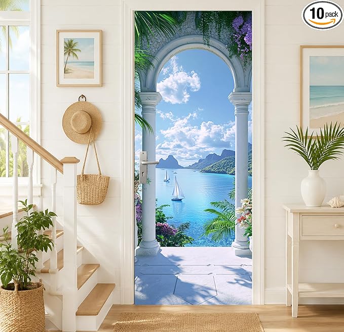 Tropical Ocean Arch Door Mural, Sailboat Coastal Door Cover | Waterproof PVC, 30.3" W x 78.7" L; tropical arch and sailboat scene for bedroom, entryway, office or closet. by Cmialusie