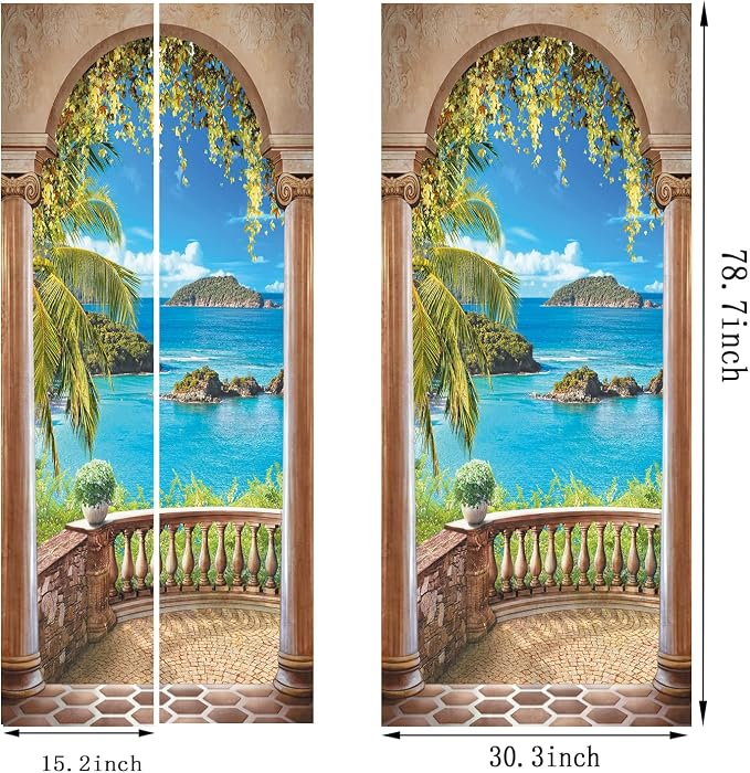 artfanke 3D Balcony Arch Seascape Peel and Stick Door Sticker 30.3"x78.7",Self-Adhesive Door Wall Murals Wallpaper Decal for Living Room Bedroom Decor (2 Sheets/Set) - Image 6