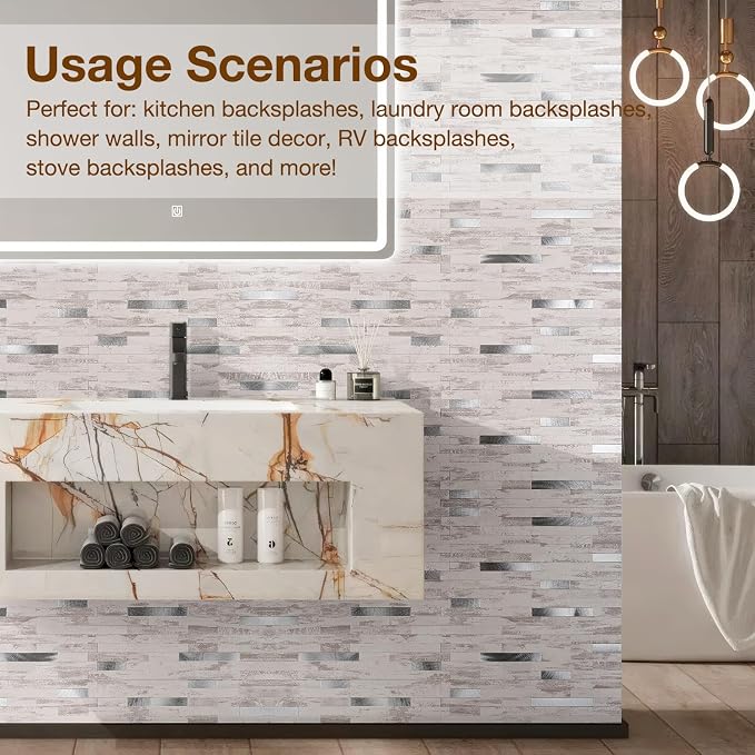 Peel and Stick Backsplash Tile Waterproof Removable PVC Wall Sticker 3D Faux Stone Marble Brick White Accent Panels (Polished Eurasia Silver - Gray, 40 Tiles - 18 sq. ft. (1.68 m²)) - Image 7