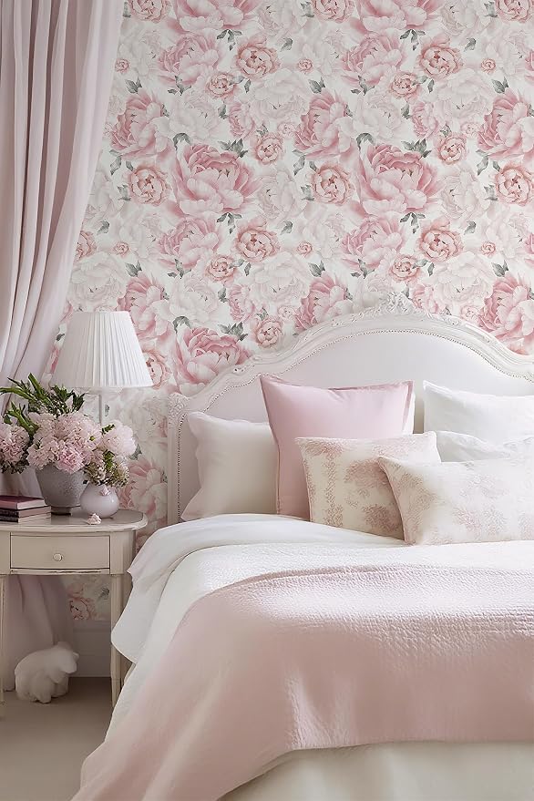 Safiyya Pink Floral Wallpaper Peel and Stick Removable Self Adhesive Wall Paper for Bedroom Bathroom Flowers Contact Paper for Cabinets Walls Vinyl Roll 393''x 17.3" - Image 3