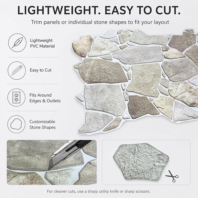 3D Faux Stone Wall Panels, Wild Boulder, Pack of 10, Covers 28.86 Sq Ft | Grey, Beige & Brown, Lightweight PVC, 17.5" x 23.75" (44.5 x 60.3 cm), Decorative Rock Cladding for Accent Wall & Backsplash - Image 4