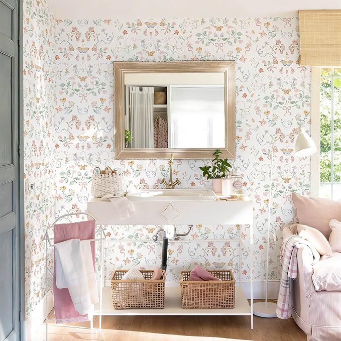 Peel and Stick Wallpaper for Nursery White Cute Bow Leaf Waterproof | 78.7"×17.3" Colorful Butterfly Wallpaper Cute Accent Wall Decor with Grid Lines for Bedroom Vinyl Self-adhesive - Image 3