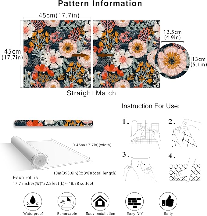 HAOKHOME Navy Floral Peel and Stick Wallpaper Boho Mural 17.3in x 32.8ft | Vintage Textured Wall Paper Renter Friendly Removable Blue Pink Orange for Bathroom Bedroom Nursery Botanical Contact Paper - Image 7