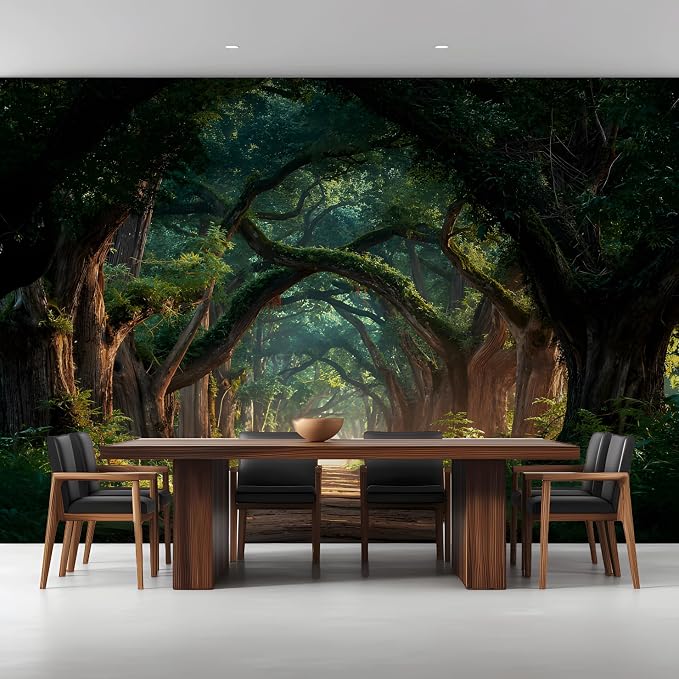 ASJ Forest Peel and Stick Wallpaper Mural, Enchanted Tree Tunnel Green | Seamless edge-to-edge match. Moody woodland path artwork, 139x94 in, premium fabric, living room bedroom decor. by ASJWallpaper%EF%BC%86Murals