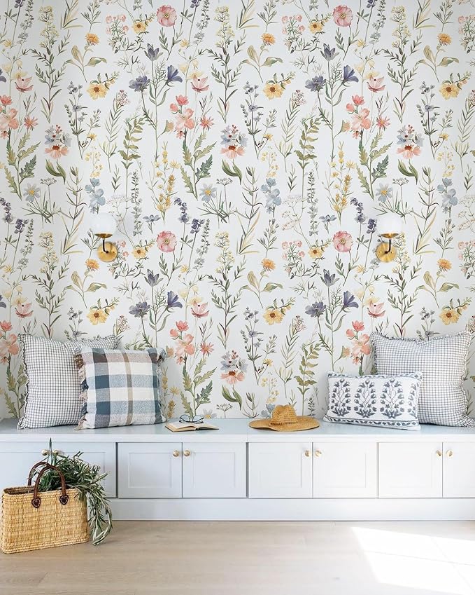 Dimoon Boho Peel and Stick Wallpaper White Floral Contact Paper 17.3x394in |Purple Wildflower Botanical Renter Friendly Removable Self Adhesive Stick on Wall Paper Decor for Bathroom Bedroom Vinyl - Image 4